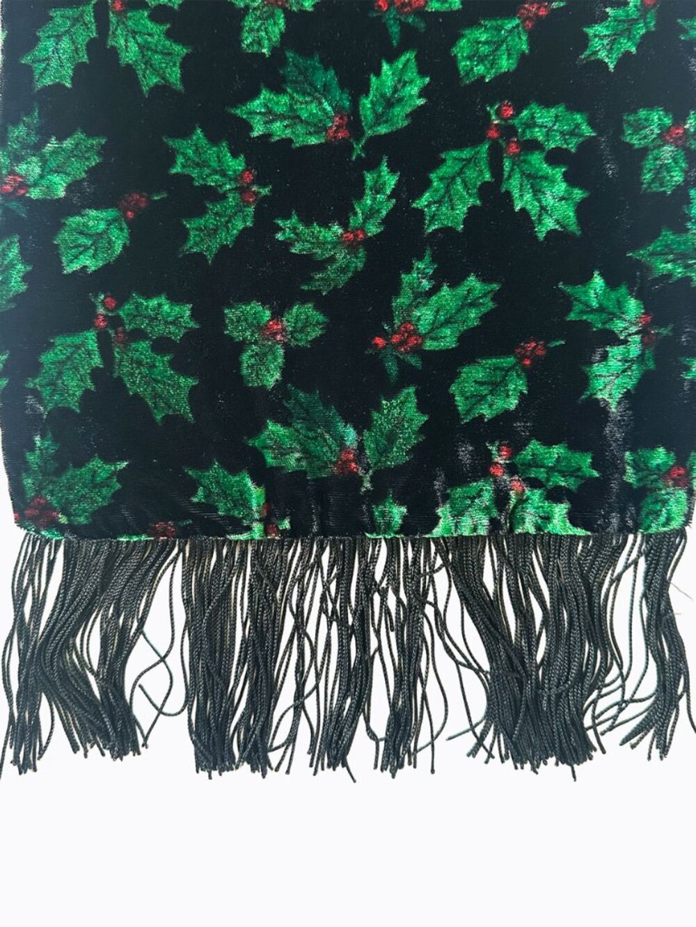 Vtg 90s Black Velvet Holly Scarf Fringe Christmas Berry Holiday Whimsigoth Wrap - Picture 2 of 6
